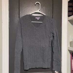 Laura Scott Gray Cable-Knit V-Neck Sweater